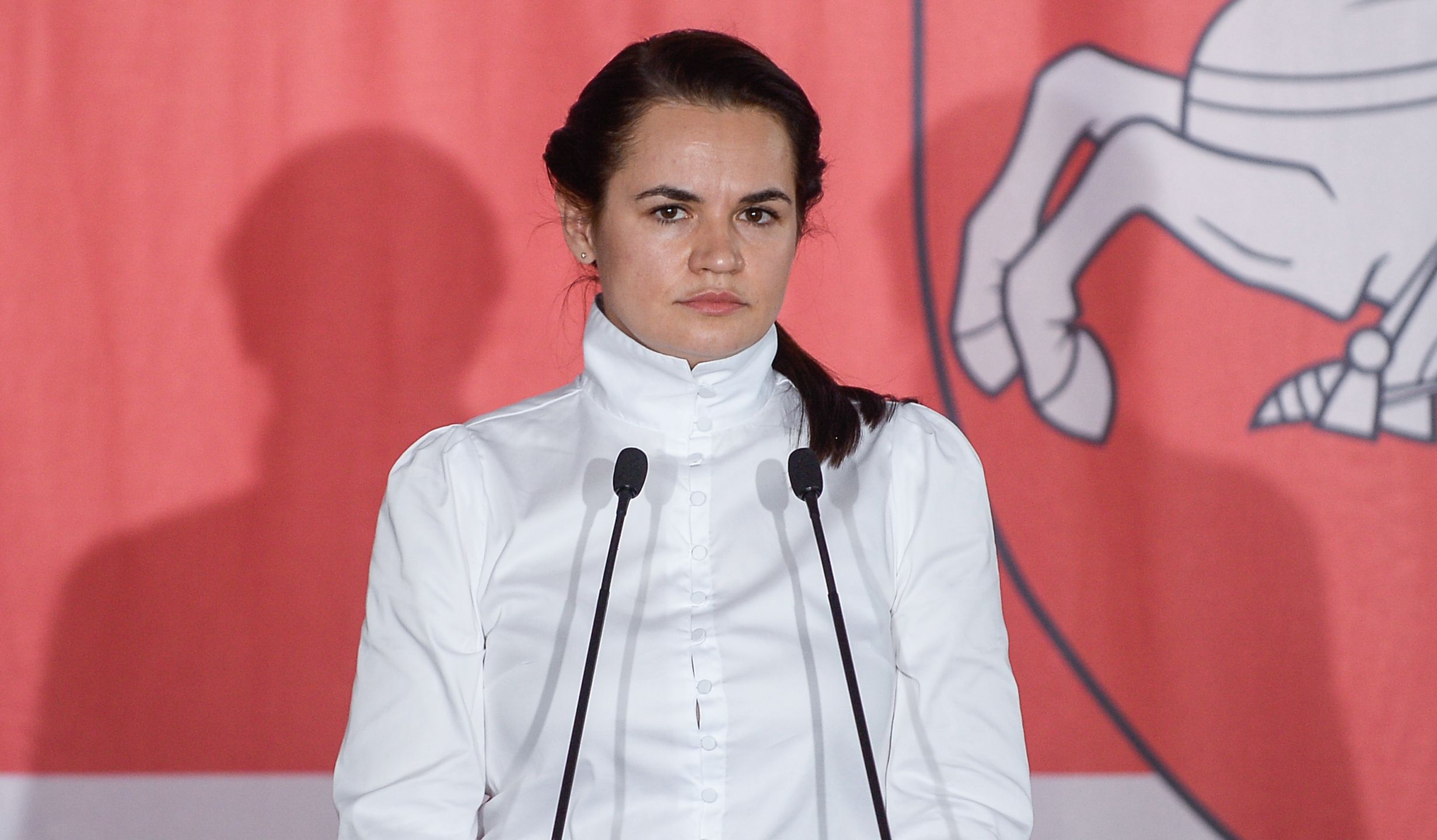 WARSAW, POLAND - SEPTEMBER 09: The Exiled Belarus Opposition Leader Sviatlana Tsikhanouskaya attend a meeting with Belarus minority living in Poland at the Belarus house on September 09, 2020 in Warsaw, Poland. Following the Belarus’ disputed presidential election results, which gave victory to ruling President Alexander Lukashenko, protests emerged in the country. Thousands have been arrested and the main Presidential candidate Svetlana Tikhanovskaya fled to Lithuania. (Photo by Omar Marques/Getty Images)