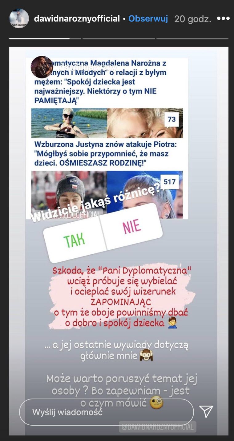 Dawid Narożny zaczepia byłą żonę na Instagramie