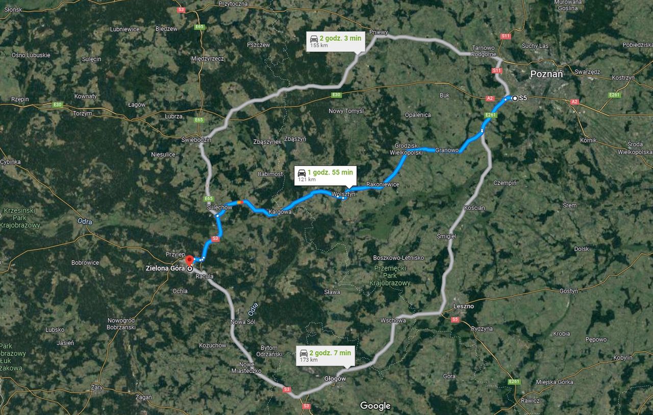 Są aż trzy trasy alternatywne z Poznania do Zielonej Góry, każda dłuższa o ok. 40-45 min od autostrady, ale oszczędności są spore