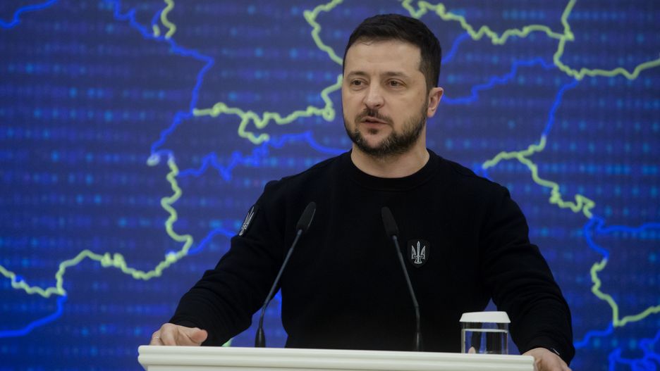 KYIV, UKRAINE - FEBRUARY 3: Ukrainian President Volodymyr Zelenskyi speaks during the joint press conference with President of the European Commission Ursula von der Leyen and President of the European Council following the 24th EU-Ukraine summit, on February 3, 2023 in Kyiv, Ukraine. The European Commission and European Council presidents were joined by 15 European commissioners for what they called a summit meeting in Kyiv, as they showed support for Ukraine in its fight against Russia, which launched a large-scale invasion of Ukraine nearly one year ago. (Photo by Yan Dobronosov/Global Images Ukraine via Getty Images)