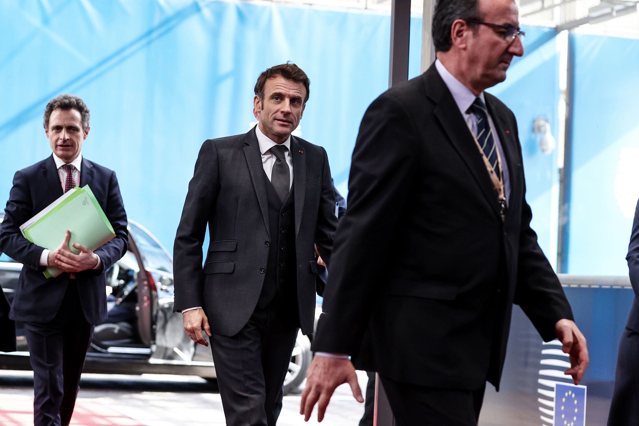 Emmanuel Macron, France's president, center, arrives for the European Union (EU) leaders summit at the European Council headquarters in Brussels, Belgium, on Thursday, March 23, 2023. The EU's military support for Ukraine will feature among the key topics of discussion, on the heels of Chinese President Xi Jinping's visit to Moscow to meet with President Vladimir Putin. Photographer: Dursun Aydemir/Anadolu Agency/Bloomberg via Getty Images