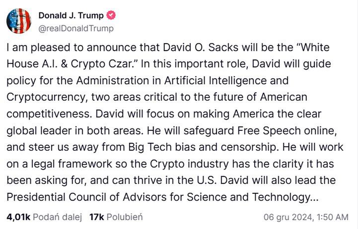 Trump wybrał "cara kryptowalut" do swojej administracji