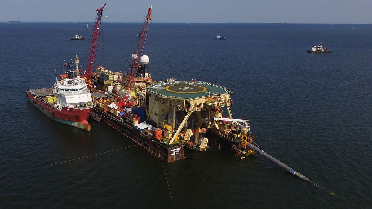 Nord Stream 2 Gas Pipeline Construction Continues
LUBMIN, GERMANY - AUGUST 16:  In this aerial view the Castoro 10 pipelay vessel lays concrete-coated pipe for the Nord Stream 2 gas pipeline onto the seabed of the Baltic Sea on August 16, 2018 near Lubmin, Germany. The Nord Stream 2 pipeline will transport Russian natural gas from Narva Bay in Russia to Greifswald in Germany, creating an additional, direct natural gas route between Russia and western Europe. Both Poland and Ukraine have voiced their opposition to the Nord Stream project. (Photo by Sean Gallup/Getty Images)
Sean Gallup
natural gas, Russia, pipeline, Business Finance and Industry, Fuel and Power Generation, Mecklenburg-Western Pomerania, FeedRouted_Global, topix, bestof