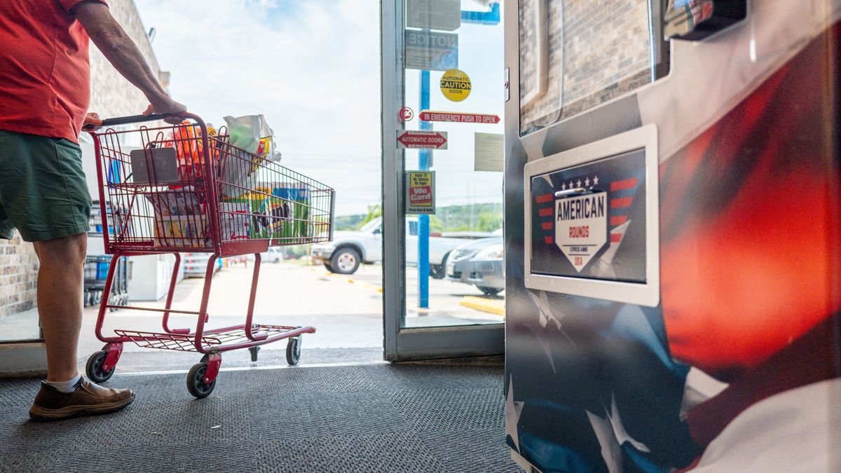 CANYON LAKE, TEXAS - JULY 18: A customer exits Lowe's Market near the newly established American Rounds ammo vending machine on July 18, 2024 in Canyon Lake, Texas. American Rounds has installed its first ammunition vending machine in Texas alongside its success of previously established gun ATM's in the states of Alabama and Oklahoma. The vending machine caters to three types of ammunition: rifle, handgun, and shotgun rounds. (Photo by Brandon Bell/Getty Images)