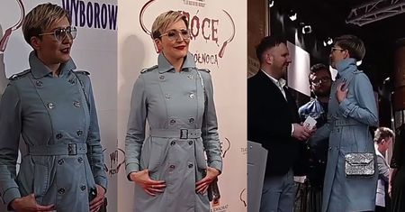 Steczkowska w niebieskim płaszczu eksponuje szczupłe nogi