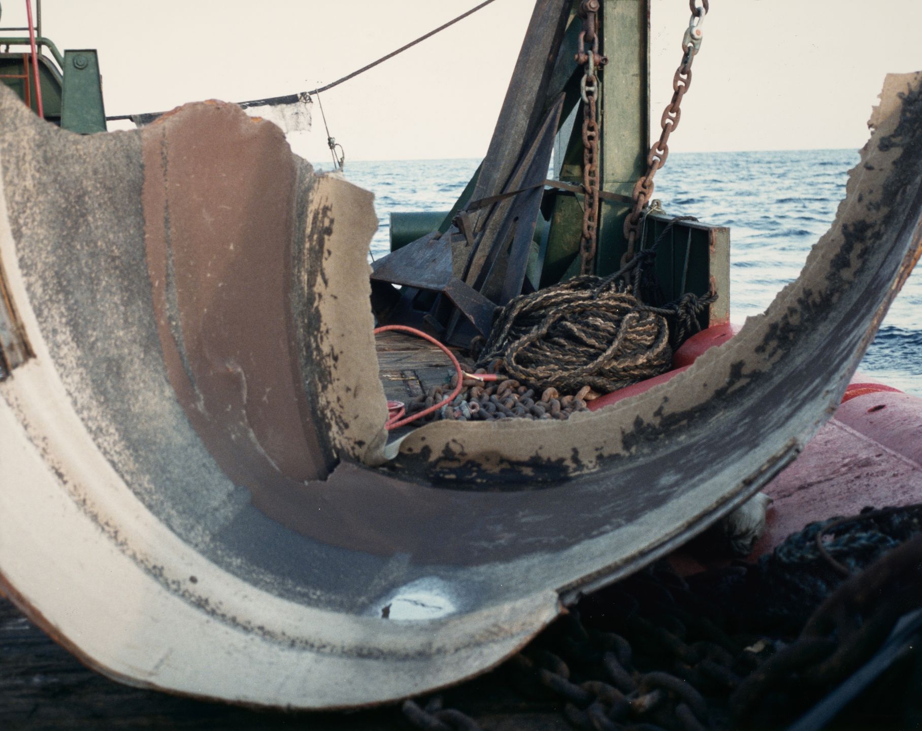 A section of the left Solid Rocket Booster (SRB) of Space Shuttle Challenger (OV-099) mission STS-51-L, after it was retrieved from the Atlantic Ocean, off the coast of Cape Canaveral, Florida, 8th March 1986. Mission STS-51-L saw Challenger break apart shortly after launch, killing all seven crew members. (Photo by NASA/Keystone/Hulton Photos/Getty Images)