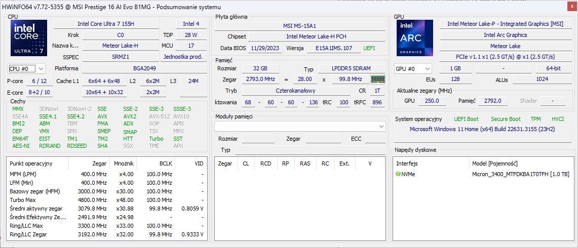 MSI Prestige 16 AI Evo - HWInfo