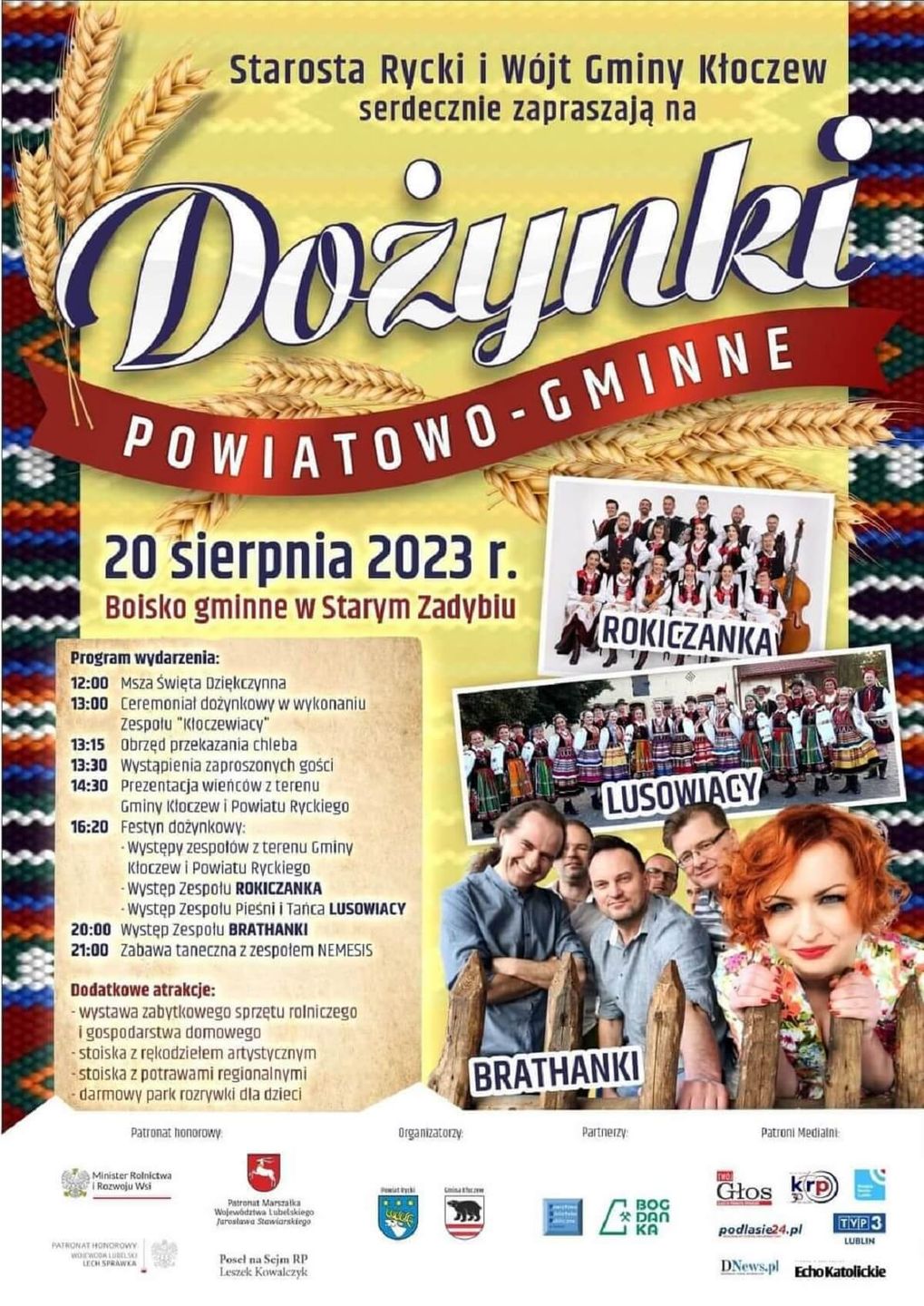Dożynki Powiatu Ryckiego w Starym Zadybiu 2023 - plakat, program wydarzenia