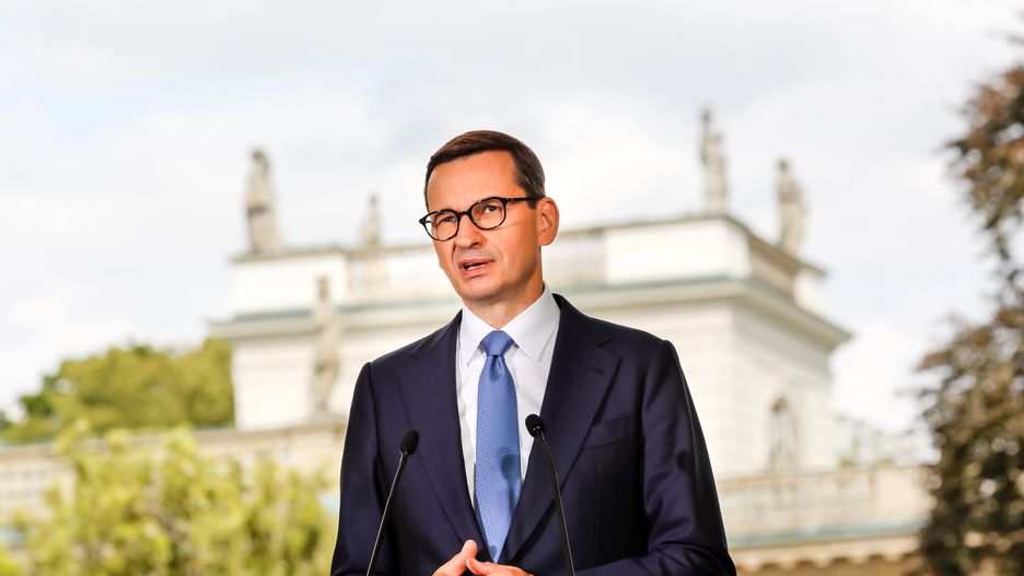 The Prime Minister of Poland, Mateusz Morawiecki speaks at a press conference at Royal Baths Park, Palace on the Isle in Warsaw, Poland for bilateral government consultation between the two countries on July 27, 2022. (Photo by Dominika Zarzycka/NurPhoto via Getty Images)