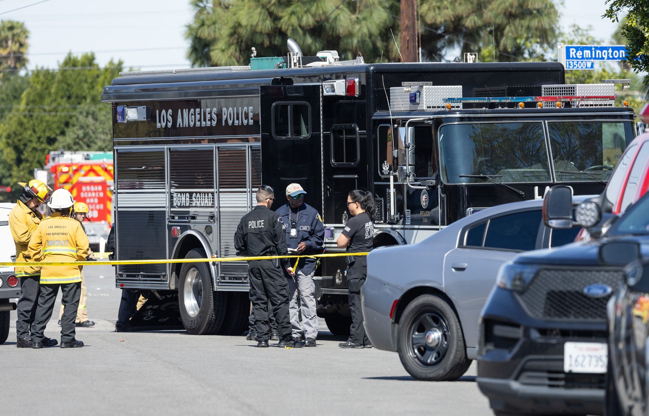 PACOIMA, CA - MARCH 20: Firefighters and the LAPD Bomb Squad were dispatched to a house explosion in Pacoima, CA on Thursday, March 20, 2025 possibly caused by fireworks. A male suffered critical burns. (Myung J. Chun / Los Angeles Times via Getty Images)