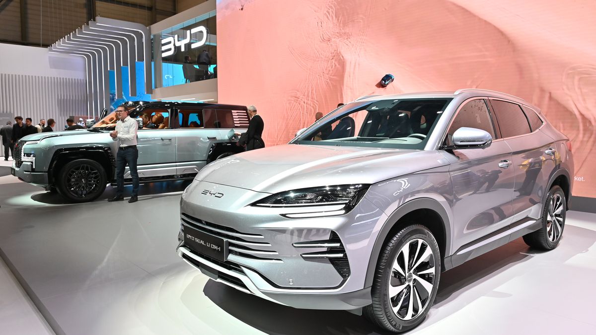GENEVA, SWITZERLAND - FEBRUARY 26: A Yangwang U8 Premium Edition plug-in hybrid SUV (L) and BYD Seal U DM-I D-Segment plug-in hybrid SUV (R) are displayed during the Geneva Motor Show 2024 at Palexpo on February 26, 2024 in Geneva, Switzerland. The 2024 Geneva Motor Show opens today for the first time in five years. The event last took place in 2019 with the coronavirus pandemic forcing organisers to cancel the 2020 show just days before the show was due to open. This year’s Show will be a smaller affair with just four major manufacturers confirmed to attend.  (Photo by John Keeble/Getty Images)