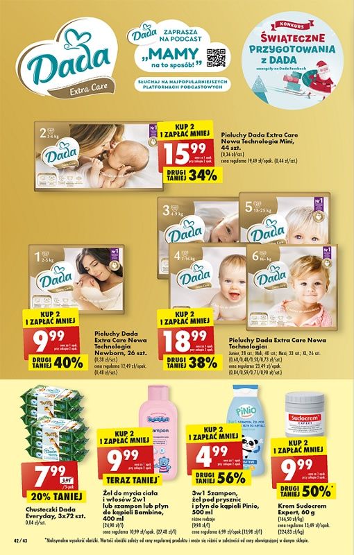 Oferta Biedronka od 5.12: pieluchy dada extra care mini newborn junior midi maxi, chusteczki dada, krem sudocrem