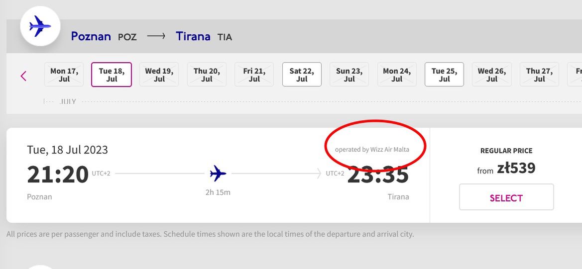 Loty do Tirany obsługiwane są częściowo przez Wizz Air Malta