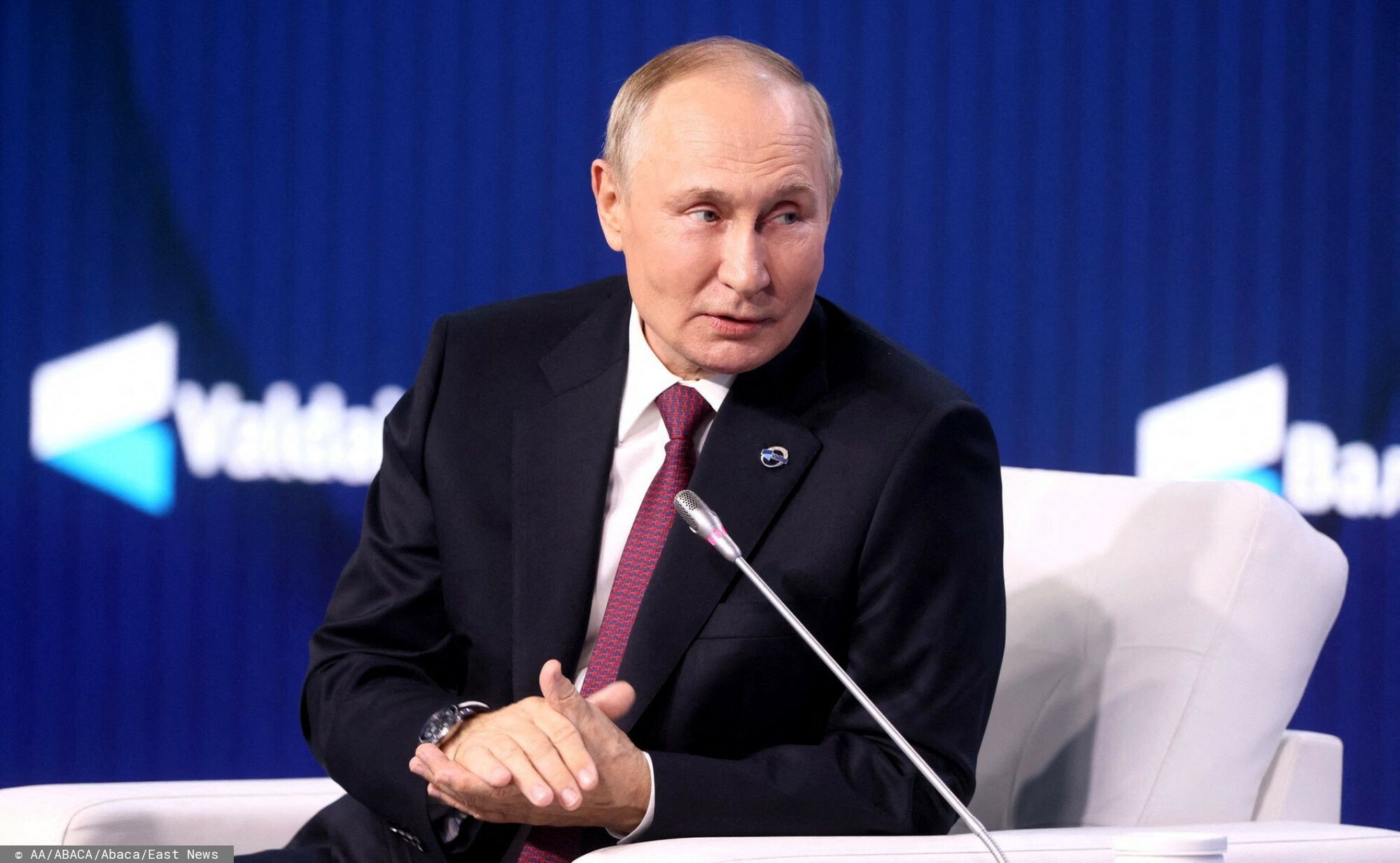 Putin na spotkaniu Klubu Wa?dajskiego
MOSCOW, RUSSIA - OCTOBER 27: (---EDITORIAL USE ONLY - MANDATORY CREDIT - "KREMLIN PRESS OFFICE / HANDOUT" - NO MARKETING NO ADVERTISING CAMPAIGNS - DISTRIBUTED AS A SERVICE TO CLIENTS----) Russian President Vladimir Putin speaks during the annual meeting with participants of the Valdai International Discussion Club in Moscow, Russia on October 27, 2022. The Valdai Club's event is Vladimir Putin's first appearance a day after overseeing scheduled nuclear exercises which tested a retaliatory strike. Fyodor Lukyanov did chair the session. Kremlin Press Officie / Anadolu Agency/ABACAPRESS.COM
AA/ABACA