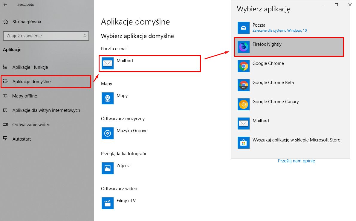 Ustawienia domyślnej aplikacji do obsługi poczty w Windows 10.