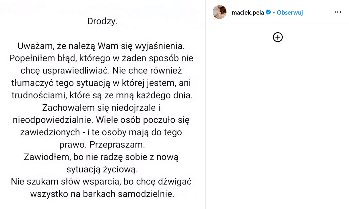 Oświadczenie Macieja Peli
