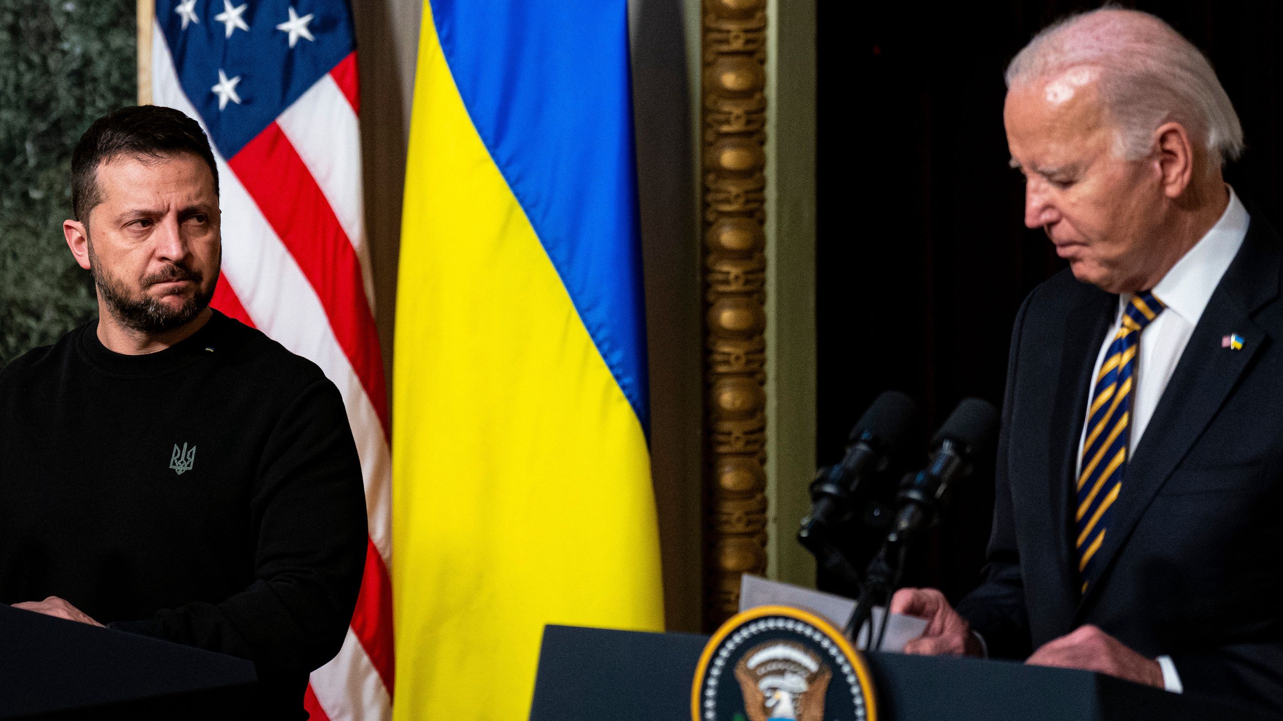US President Joe Biden, right, and Volodymyr Zelenskiy, Ukraine's president, during a news conference in the Indian Treaty Room on the White House complex, in Washington, DC, US, on Tuesday, Dec. 12, 2023. Zelenskiy came to Congress today to appeal for more aid to resist Russia's invasion, and Republican leaders told him to first wait for an elusive US deal on immigration. Photographer: Al Drago/Bloomberg via Getty Images