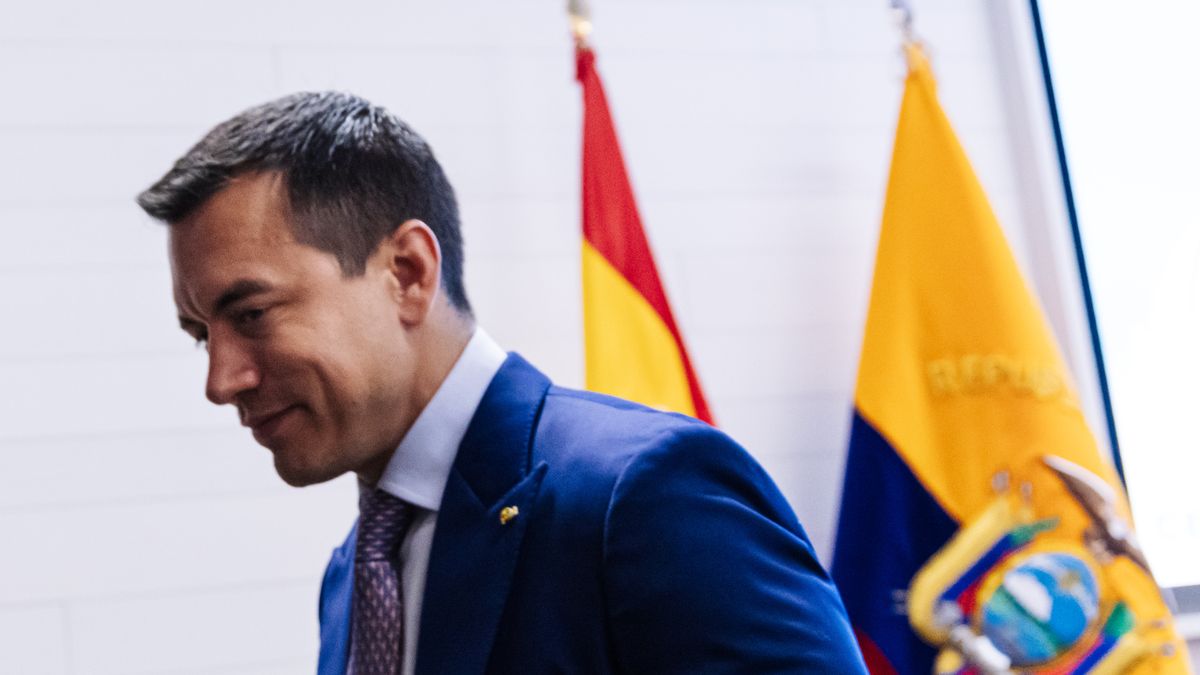 MADRID, SPAIN - JANUARY 25: The President of the Republic of Ecuador, Daniel Noboa, during the Spain-Ecuador business meeting at the headquarters of the CEOE, on 25 January, 2024 in Madrid, Spain. The reason for the meeting is the visit to Spain of the President of the Republic of Ecuador, Daniel Noboa, after participating yesterday, January 24, in the inauguration of Fitur 2024 with the King and Queen of Spain. Ecuador is the partner country in the 44th edition of Fitur. This is Noboa's first trip abroad after the recent events in Ecuador. (Photo By Carlos Lujan/Europa Press via Getty Images)