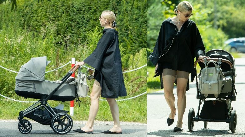 Halina Mlynkova na spacerze z synem miesiąc po porodzie