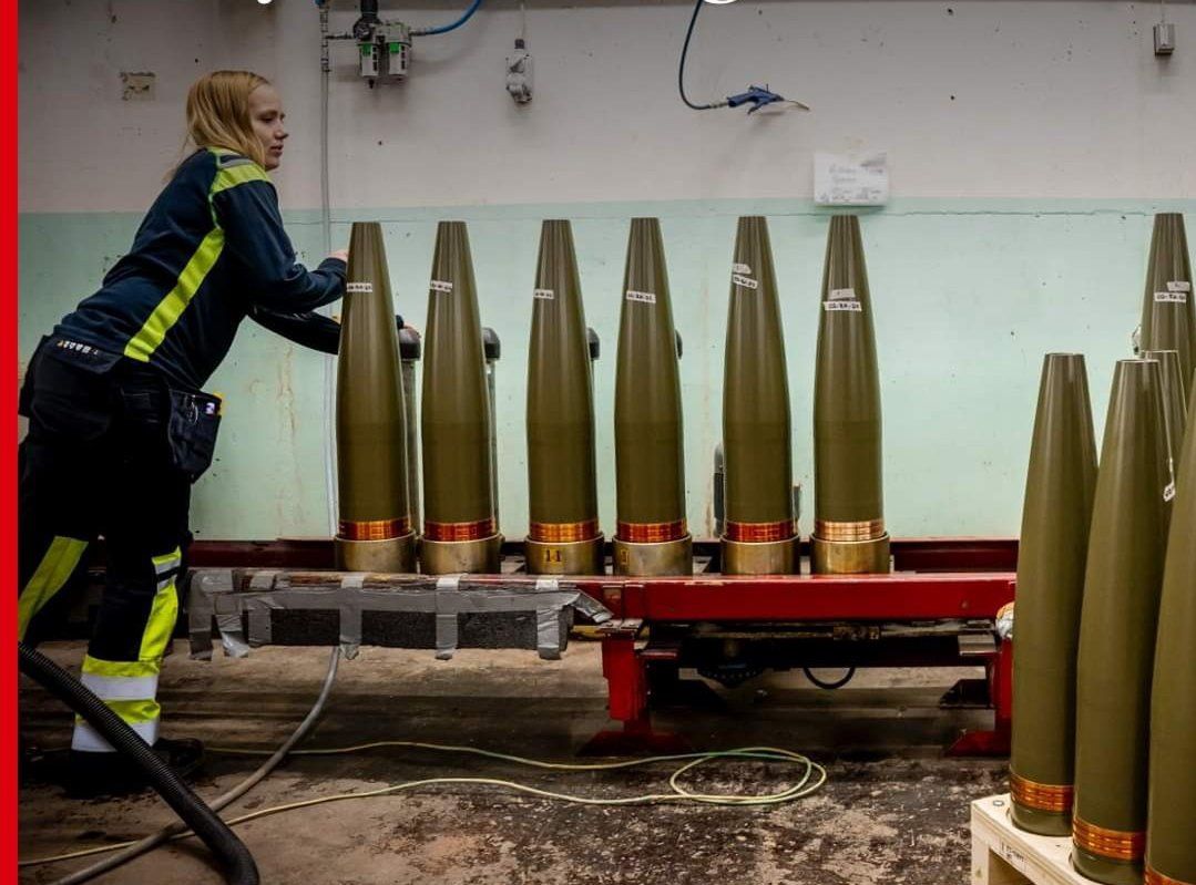 Production of 155 mm artillery shells in the Karlskoga factory of the Nammo corporation in Sweden.