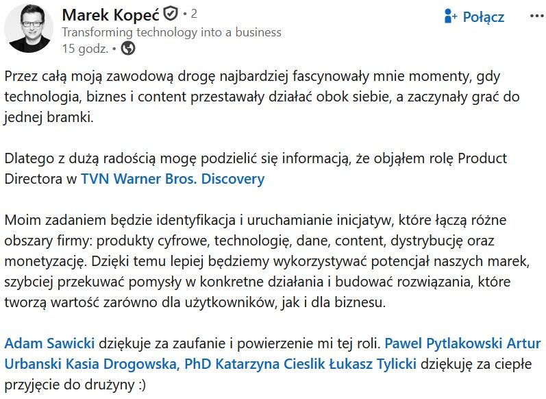 Wpis Marka Kopcia na LinkedIn