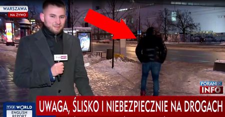 Przewrócił się tuż przed kamerą TVP. Akurat pokazywali, jak groźnie jest w Warszawie