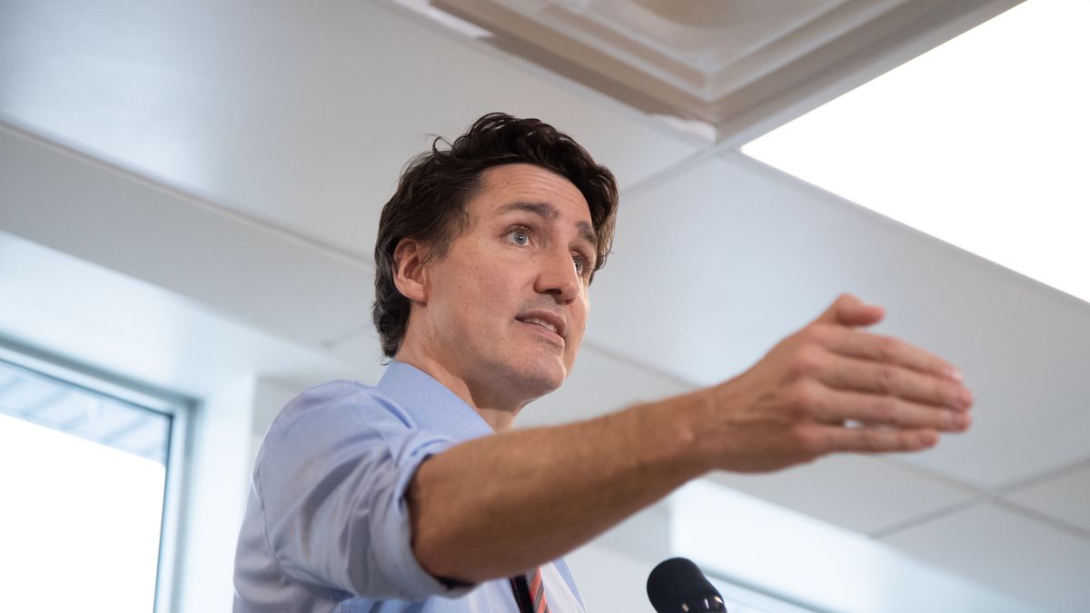 Justin Trudeau, Canada's prime minister, speaks at a news conference at a daycare in Ottawa, Ontario, Canada, on Wednesday, March 29, 2023. Trudeau and Freeland have targeted the financial sector for new revenue after the federal debt ballooned to pay for income support and other programs in the Covid-19 pandemic. Photographer: David Kawai/Bloomberg via Getty Images