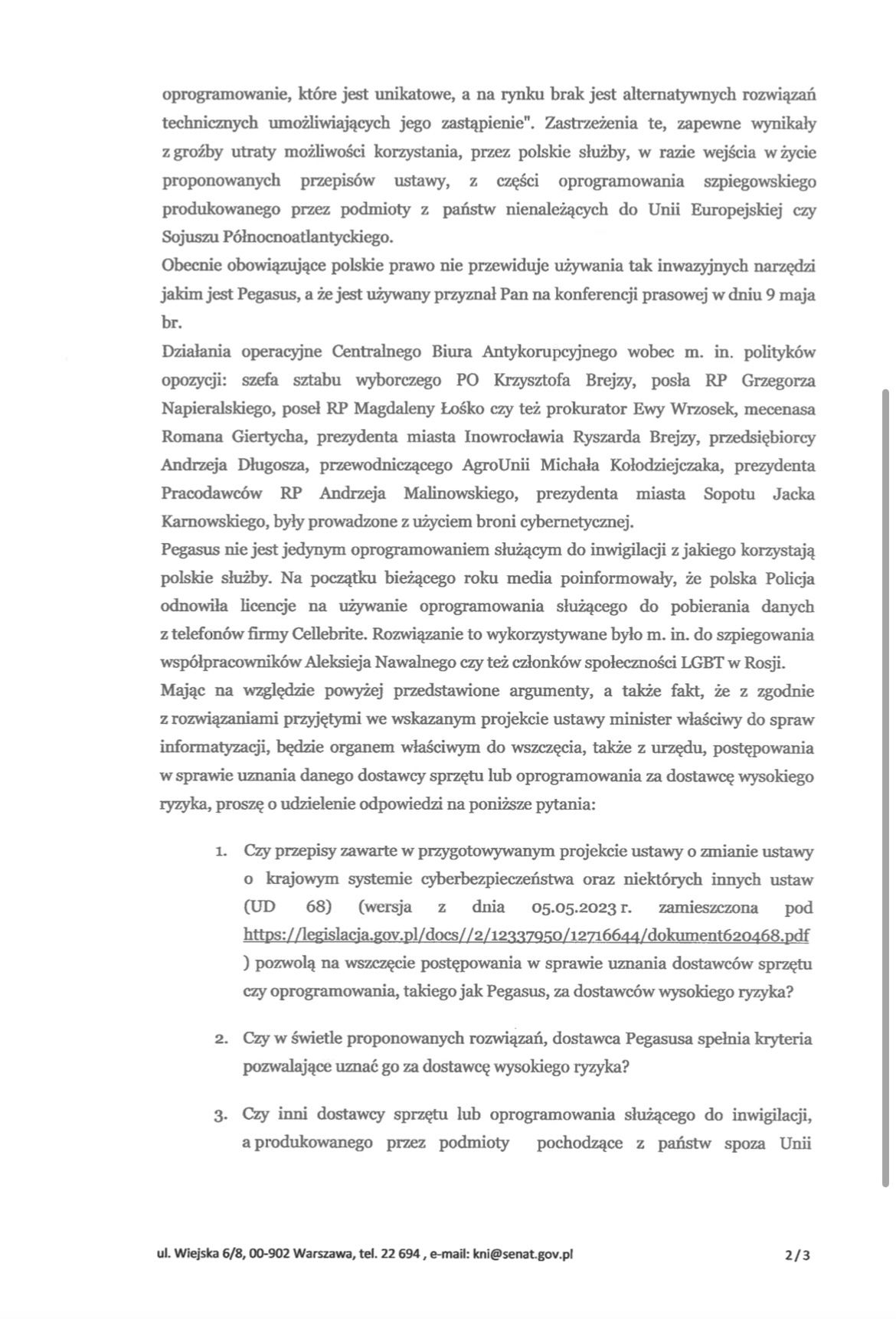 Pismo Marcina Bosackiego, szefa senackiej komisji ds. wyjaśnienia przypadków nielegalnej inwigilacji, do premiera Mateusza Morawieckiego