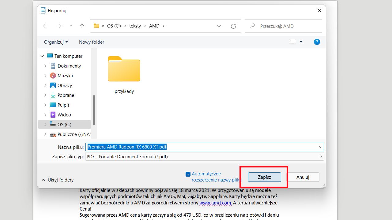 Finalne kroki podczas zapisywania pliku w formacje pdf w programie LibreOffice Writer.