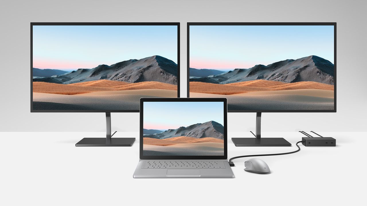 Surface Book 3 podpięty przez Surface Dock do zewnętrznych monitorów, fot. Microsoft