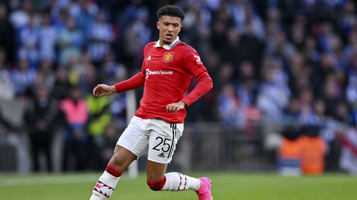 LONDON, ENGLAND - APRIL 23: Jadon Sancho of Manchester United on the ball during the Emirates FA Cup Semi Final match between Brighton & Hove Albion and Manchester United at Wembley Stadium on April 22, 2023 in London, England. (Photo by Will Palmer/Sportsphoto/Allstar Via Getty Images)