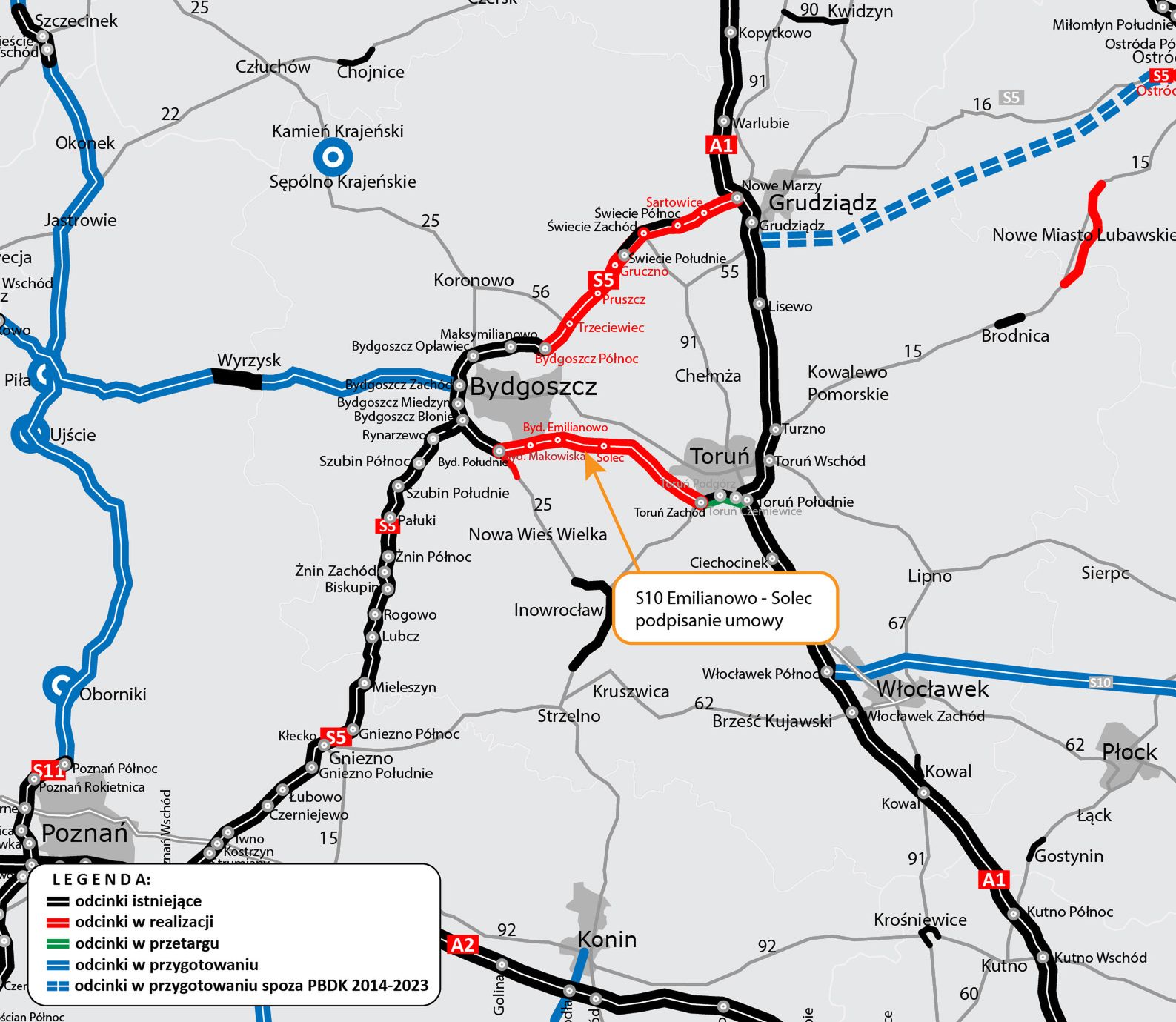 Mapa realizacji S10 w woj. kujawsko-pomorskim