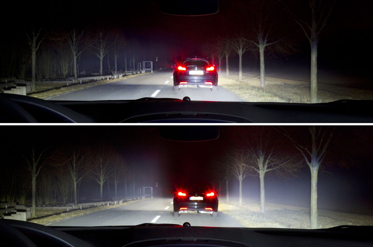 Adaptacyjne światła drogowe w akcji na przykładzie omijania poprzedzającego samochodu (fot. Opel)