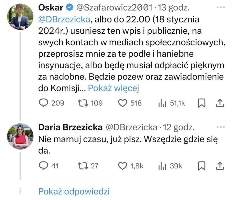 Daria Brzeziecka konfrontuje Oskara Szafarowicza