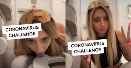 Tiktokerka chciała zapoczątkować... "CORONAVIRUS CHALLENGE"! Pokazała, jak LIŻE DESKĘ KLOZETOWĄ w samolocie... (WIDEO)