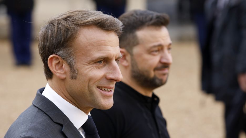 PARIS, FRANCE - OCTOBER 10: French President Emmanuel Macron and his Ukrainian counterpart Volodymyr Zelensky at the end of their meeting at the Elysee Palace on October 10, 2024 in Paris, France. French President Emmanuel Macron is receiving Ukrainian President Volodymyr Zelensky on what will be Mr. Zelensky's fifth visit to Paris since Russia invaded Ukraine in February 2022. The meeting also comes a day after Mr. Macron visited Ukrainian troops training in France. (Photo by Antoine Gyori - Corbis/Corbis via Getty Images)