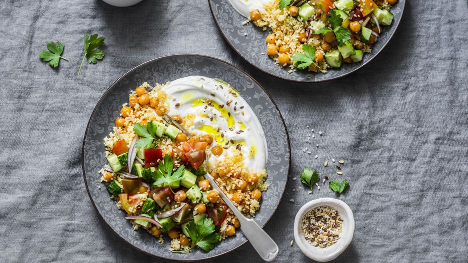 Spiced chickpeas and couscous with shepherd's salad and greek yogurt