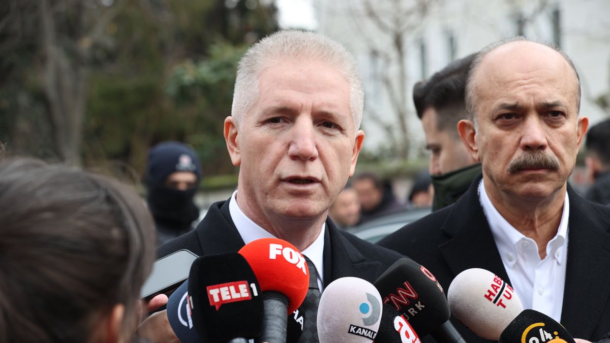 ISTANBUL, TURKIYE - JANUARY 28: Istanbul Governor Davut Gul speaks to reporters about the incident after two unidentified armed men opened fire on people attending Sunday service at Santa Maria Church and killing one, in Istanbul's Sariyer district, Turkiye on January 28, 2024. (Photo by Bunyamin Celik/Anadolu via Getty Images)