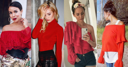 Stylowa czerwona bluzka w stylizacjach celebrytek