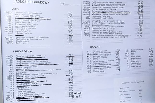 Menu w nowohuckim barze mlecznym "Centralny"