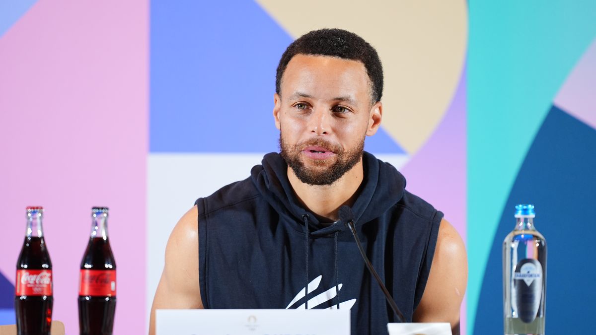 PARIS, FRANCE - JULY 25: Stephen Curry of the men's basketball team of the United States attends a press conference ahead of the Paris 2024 Olympic Games at the Main Press Centre on July 25, 2024 in Paris, France. (Photo by Zhao Wenyu/China News Service/VCG via Getty Images)