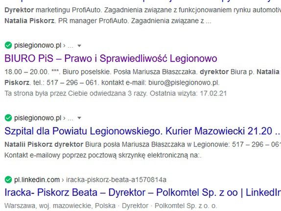 W wyszukiwarce Google pani Natalia Piskorz widnieje jako dyrektor biura