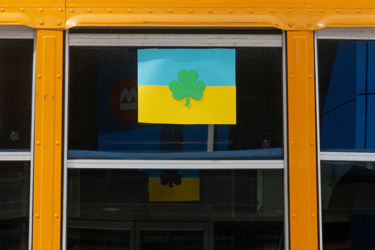 Toronto, ON, Canada  March 20, 2022: Irish community present ukrainian flag during         the St Patrick's Day Parade in Downtown Toronto to support Ukraine against Russia ocupation (Photo by Anatoliy Cherkasov/NurPhoto via Getty Images)