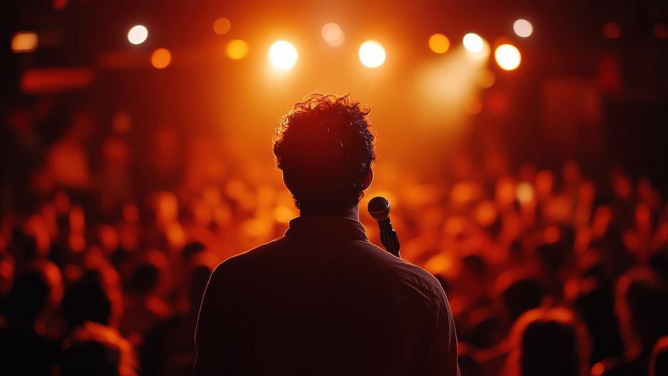 comedian, performing, stage, making, audience, laugh, microphone, spotlight, crowd, enjoying, performance, comedian, performing, stage, making, audience, laugh, microphone, spotlight, crowd, enjoying, performance