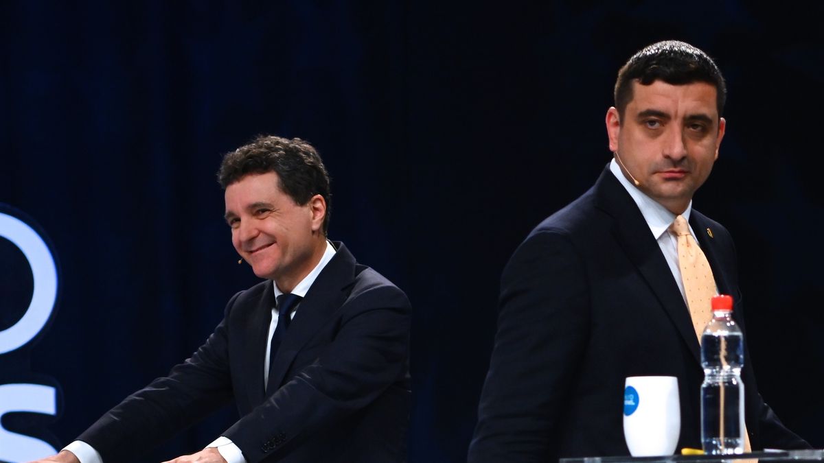 Romania Elections
Pro-European independent presidential candidate and Bucharest Mayor Nicusor Dan, left, attends a live electoral debate with presidential candidate and leader of the far-right Alliance for the Union of Romanians (AUR), George Simion, ahead of the second round of the country's presidential election redo in Bucharest, Romania, on May 8, 2025. (Photo by Alex Nicodim/NurPhoto via Getty Images)
NurPhoto
election campaign, political debate, election redo, may 8, presidential race, bucharest mayor, live debate, aur, alliance for the union of romanians, pro-european, far-right, political alliance, presidential elections, nicusor dan, romanian politics, second round, mayoral role, election event., romanian election, nurphoto, elections, political leadership, electoral process, electoral debate, european politics, political candidate, independent, alex nicodim