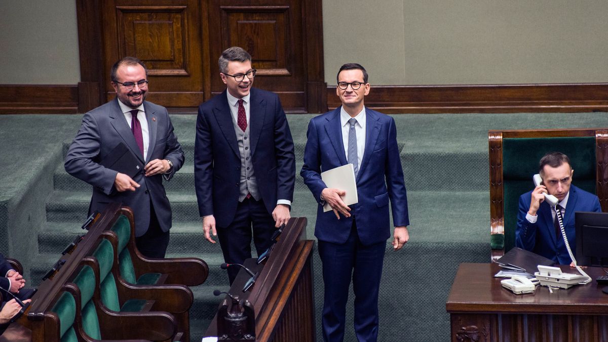 WARSAW, MASOVIAN VOIVODESHIP, POLAND - 2023/12/11: Mateusz Morawiecki (C), former PM is seen during the session of the Lower House of Parliament (Sejm). Poland's parliament voted for Donald Tusk as the new prime minister, with 248 MPs supporting him and 201 against. Tusk, known in Europe, was prime minister from 2007 to 2014 and led the European Council and the center-right European People's Party. After Poland's recent election where opposition parties won the most seats, Mateusz Morawiecki's conservative government lost a vote of confidence. This allows Donald Tusk's coalition to take over this week, ending eight years of the Law and Justice (PiS) party's rule. (Photo by Attila Husejnow/SOPA Images/LightRocket via Getty Images)