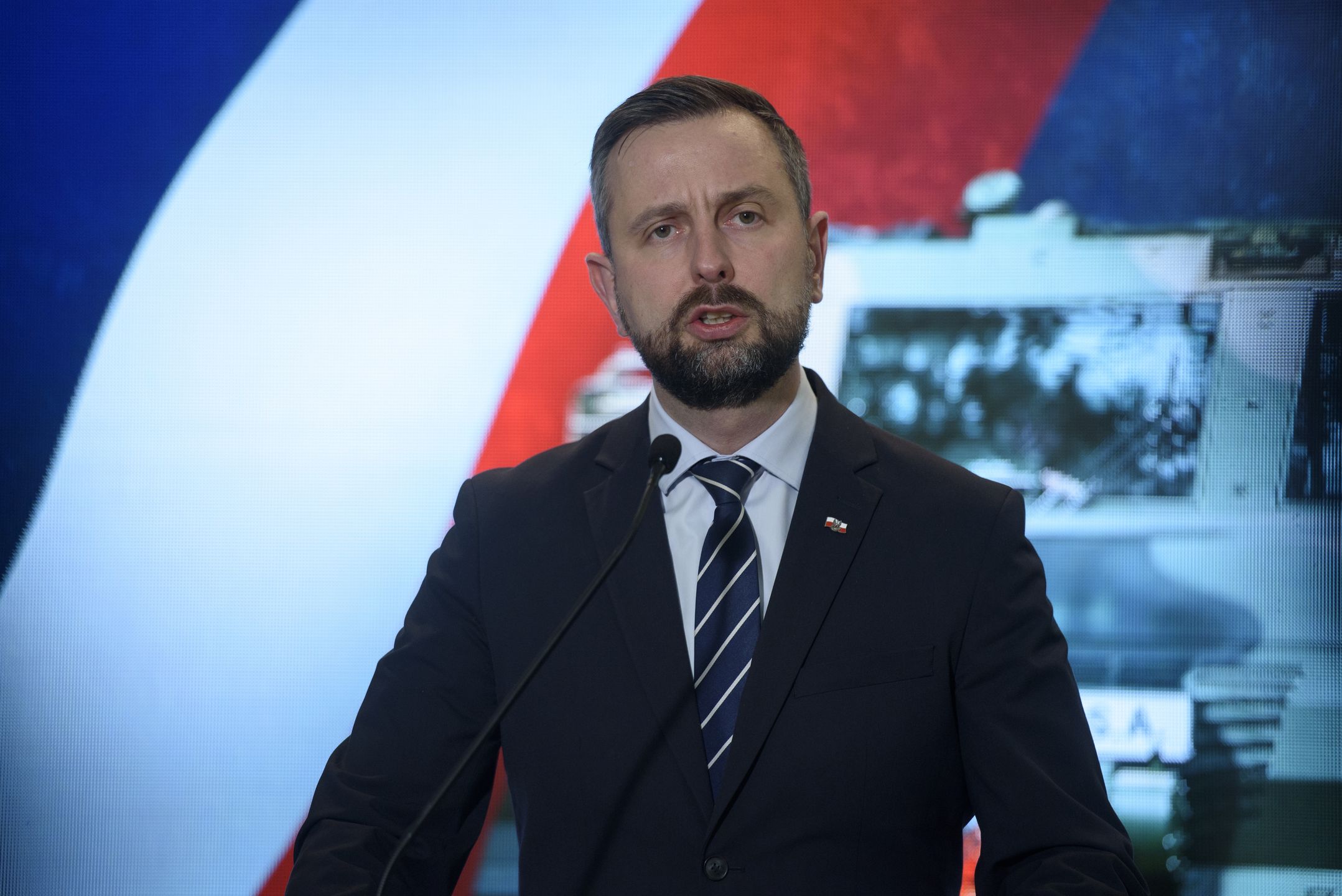 Polish Deputy Prime Minister and Defence Minister Wladyslaw Kosiniak-Kamysz speaks during a press conference on November 8, 2024 in Warsaw, Poland. The Ministry of Defence signed a purchase contract of several support vehicles for the self-propelled Multiple Rocket System (MRS) WR-40 Langusta and its modernised electronic sight system. The Deputy PM also underlined that Poland's next year investment in defence will be 4.7 per cent of the Gross Domestic Product (GDP).