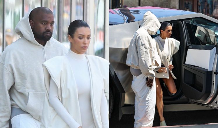 Posępni Kanye West i Bianca Censori wysiadają z KOSMICZNEJ Tesli w zwyczajnych (?) stylizacjach (ZDJĘCIA)
