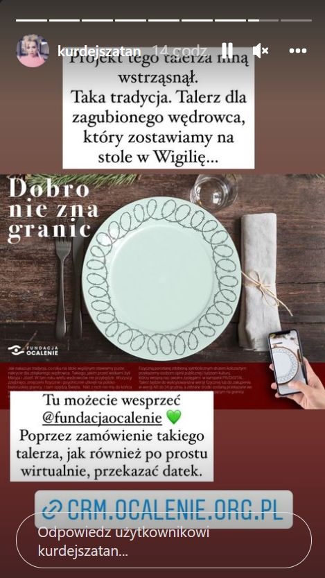 Barbara Kurdej-Szatan promuję akcję zakupu talerza dla uchodźcy