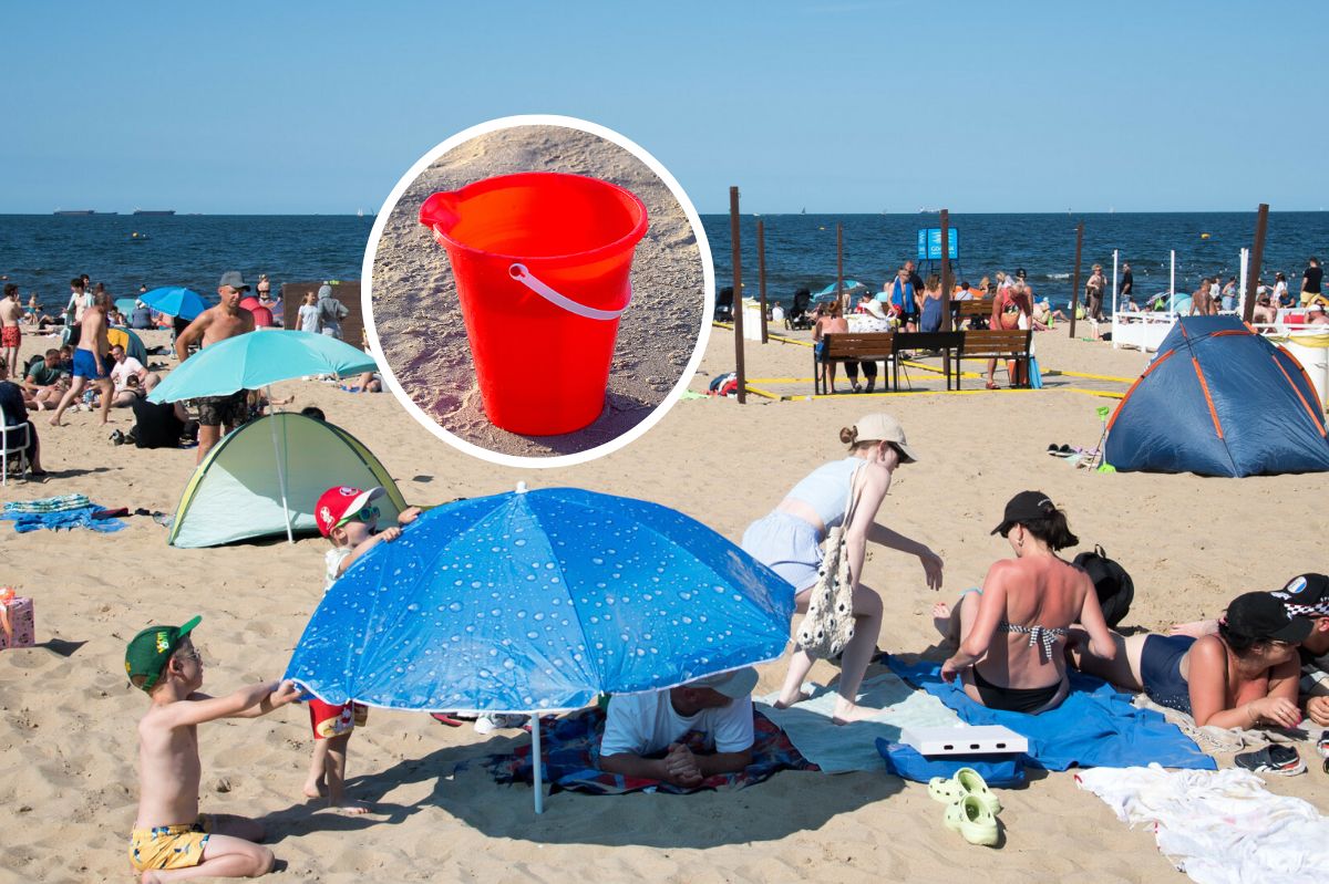 They take a bucket to the beach and place it next to the towel / sample photos